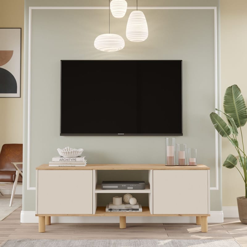 Fento Golvstående Tv Bänk 160 cm med Förvaring i Ek - Ljusbeige - Möbler - Tv möbel & mediamöbel - TV bänk & mediabänk
