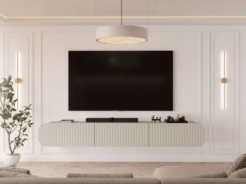 Lerva Väggmonterad TV Bänk 239 cm med Förvaring i Ljust Trä - Beige - Möbler - Tv möbel & mediamöbel - TV bänk & mediabänk
