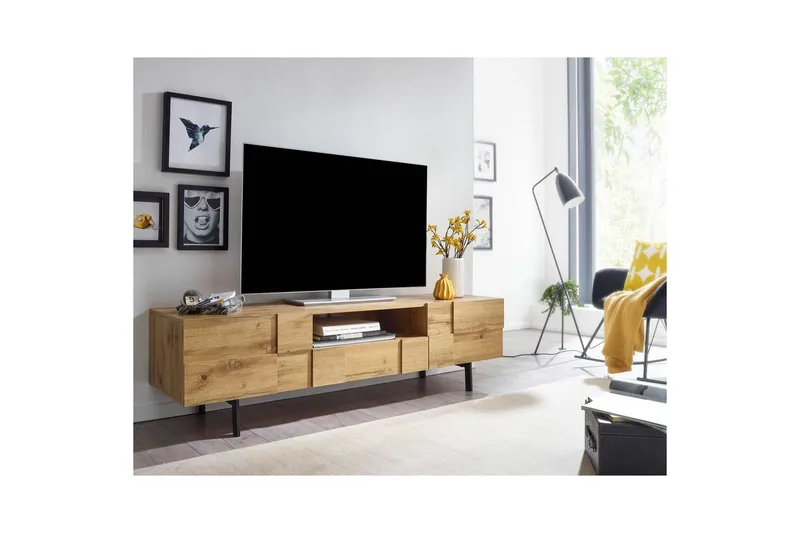 Lowboard Wohnling Ekfanerad med 2 dörrar Låda Metallben Lantlig stil - Möbler - Tv möbel & mediamöbel - TV bänk & mediabänk