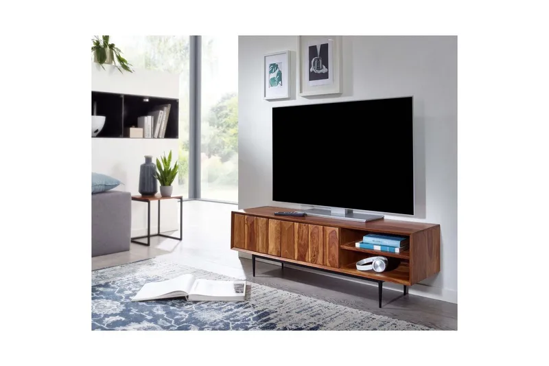 Lowboard Wohnling Massivt trä med förvaring 2 dörrar tryck för att öppna lantligt - Möbler - Tv möbel & mediamöbel - TV bänk & mediabänk