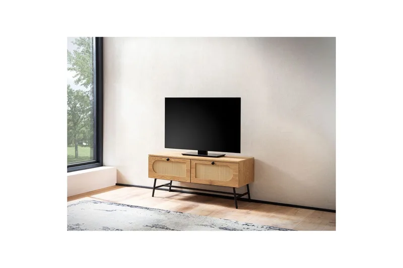 Lowboard Wohnling Melaminbelagd MDF-ekoptik, rottingfront, 2 lådor, metallben Modern - Möbler - Tv möbel & mediamöbel - TV bänk & mediabänk