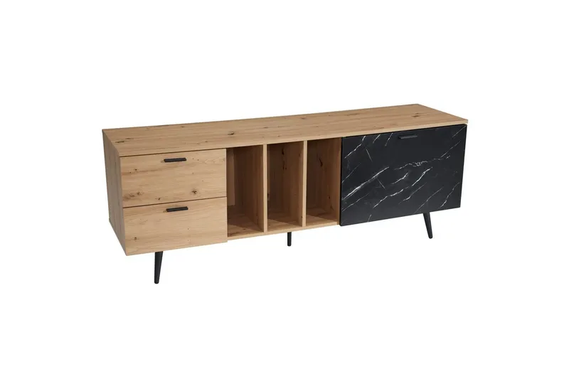 Lowboard Wohnling modernt spånskiva, 2 lådor, 1 dörr, förvaringsbrickor, metallben, modern stil Ek, Marmor, Svart, Ek, Marmor, Svart