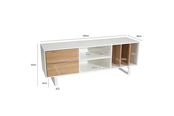 Lowboard Wohnling modernt spånskiva, 2 lådor, förvaringsbrickor, metallben, modern stil Vit, ek - Vit, ek - Möbler - Tv möbel & mediamöbel - TV bänk & mediabänk