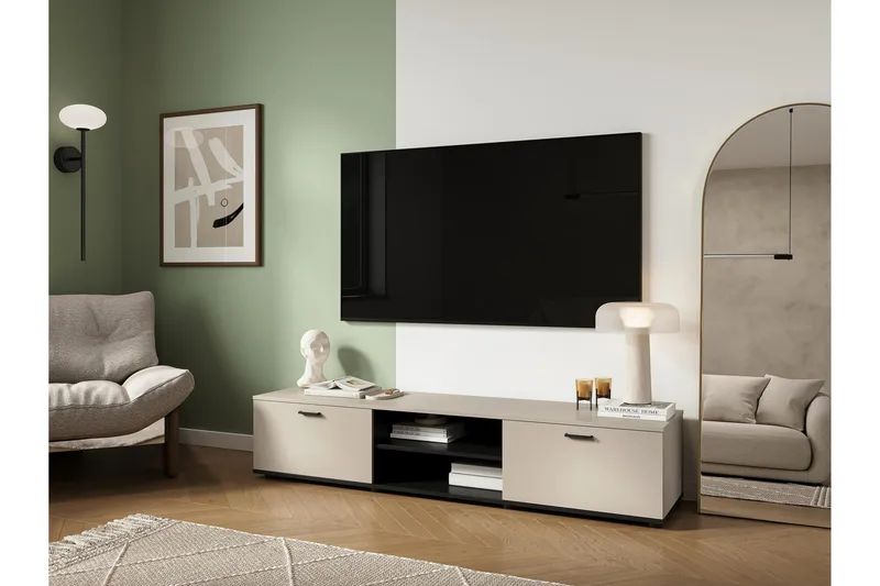 Lyrosen Golvstående TV Bänk 180 cm med Förvaring i Målat Trä - Beige - Möbler - Tv möbel & mediamöbel - TV bänk & mediabänk