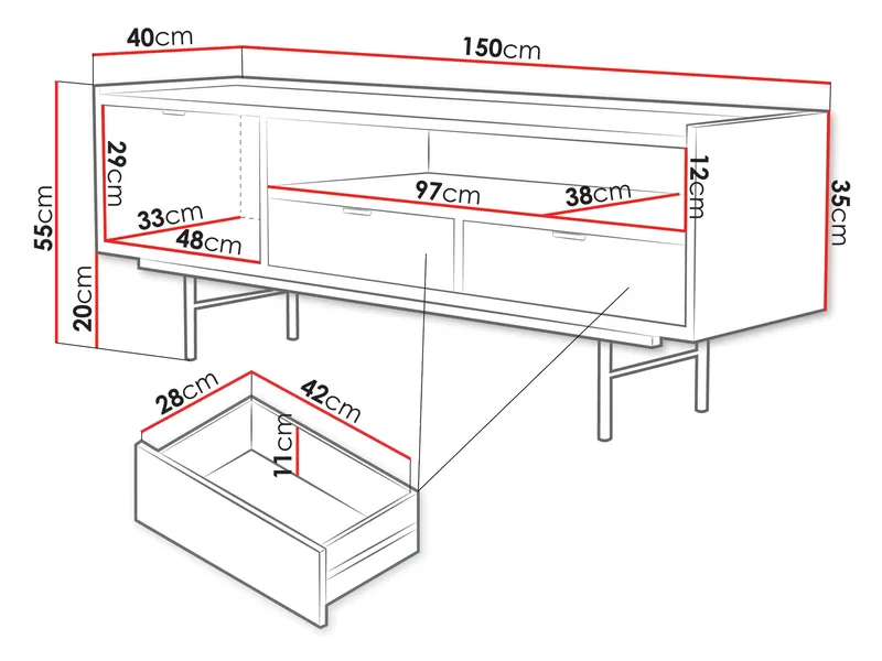 Rolden Golvstående TV-bänk 150 cm med Förvaring i Trä med Metallben - Brun - Möbler - Tv möbel & mediamöbel - TV bänk & mediabänk