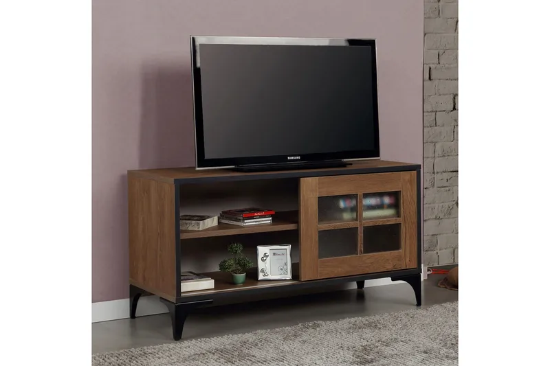 Comfortale Golvstående Tv Bänk 100 cm med Förvaring i Mörkt Trä, Brun
