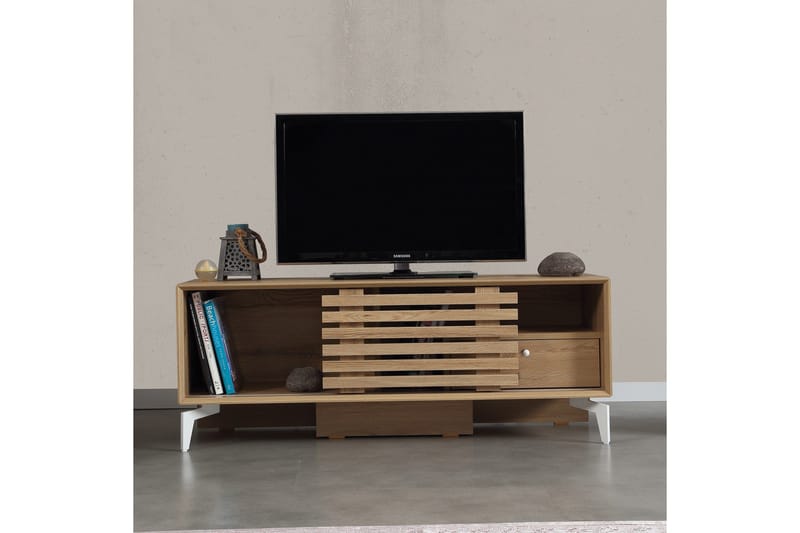 Comfortale Golvstående TV Bänk 125 cm med Förvaring i Ljust Trä - Brun - Möbler - Tv möbel & mediamöbel - TV bänk & mediabänk