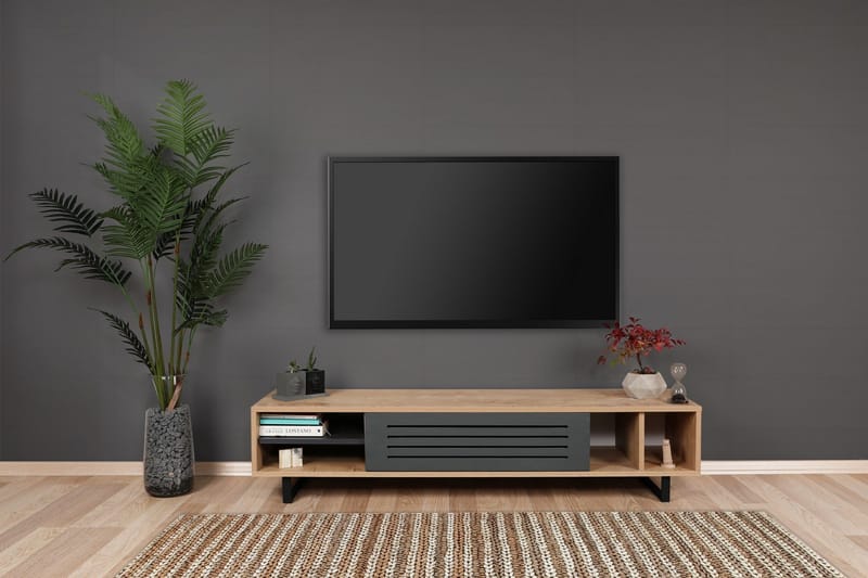 Gersby Golvstående TV Bänk 160 cm med Förvaring i Ljust Trä - Grå|Beige - Möbler - Tv möbel & mediamöbel - TV bänk & mediabänk