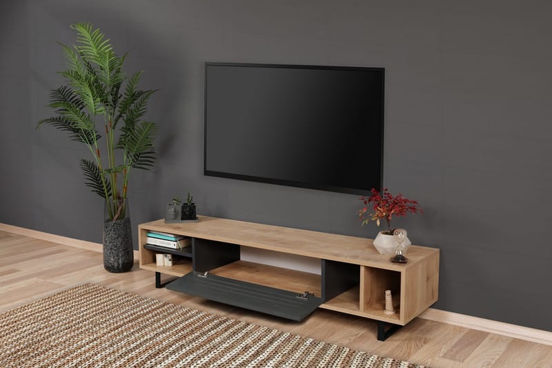 Gersby Golvstående TV Bänk 160 cm med Förvaring i Ljust Trä - Grå|Beige - Möbler - Tv möbel & mediamöbel - TV bänk & mediabänk