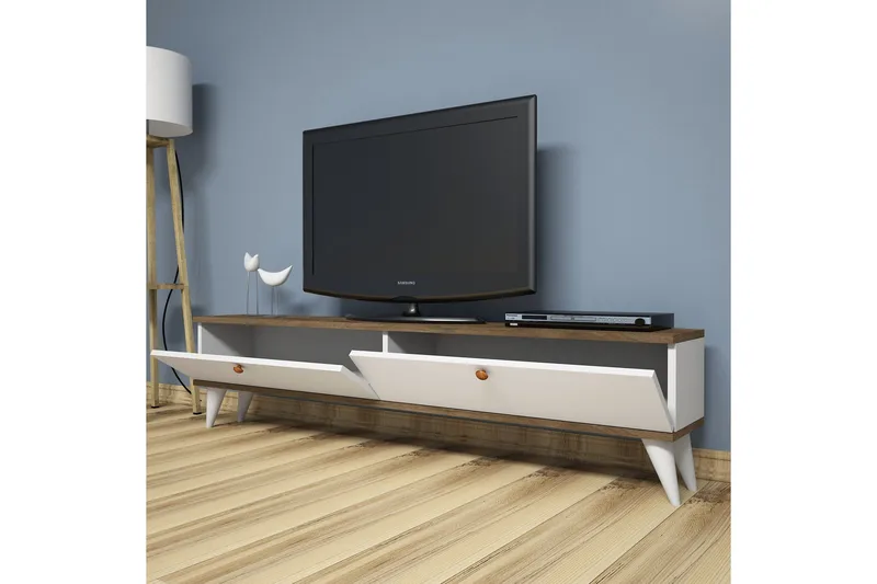 Gersby Golvstående TV Bänk 160 cm med Förvaring i Mörkt Trä - Vit - Möbler - Tv möbel & mediamöbel - TV bänk & mediabänk