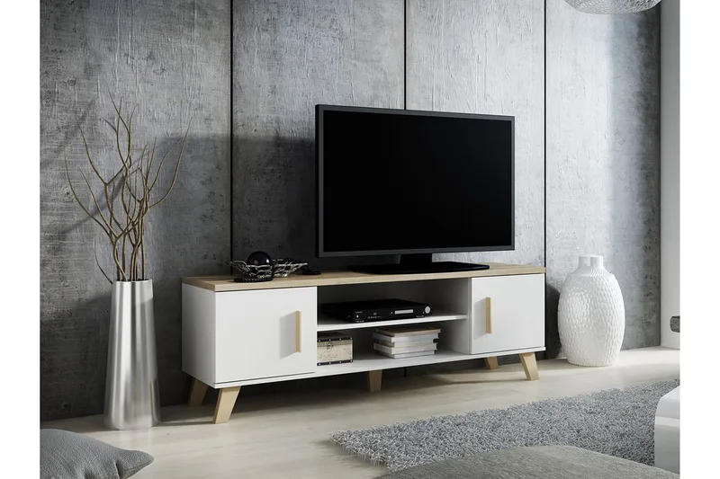 Kardos Golvstående TV-bänk 160 cm med Förvaring i Ek, Vit|Beige