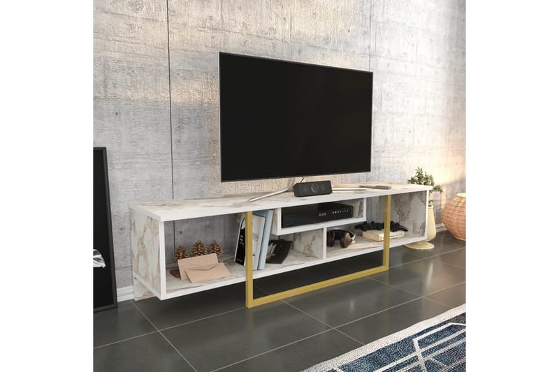 Rinorea Golvstående TV Bänk 150 cm i Trä med Metallunderrede och Förvaring - Vit - Möbler - Tv möbel & mediamöbel - TV bänk & mediabänk