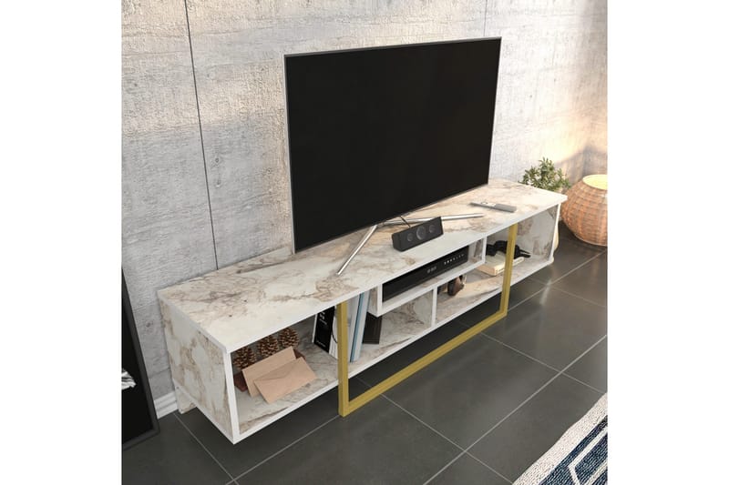 Rinorea Golvstående TV Bänk 150 cm i Trä med Metallunderrede och Förvaring - Vit - Möbler - Tv möbel & mediamöbel - TV bänk & mediabänk