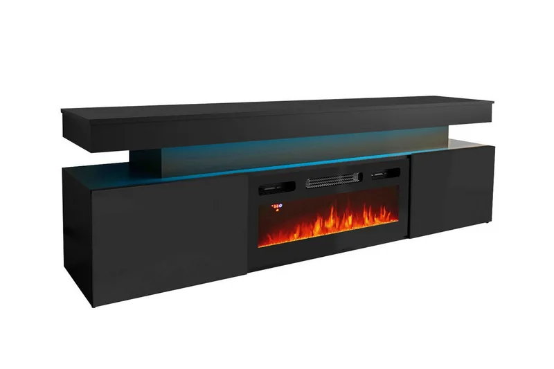Glenndale Tv bänk med Förvaring + LED kamin + Belysning 190, Svart