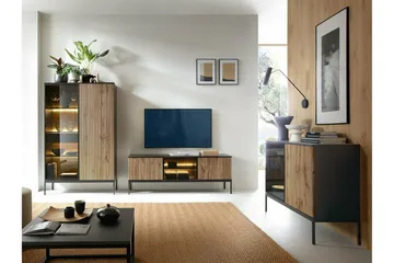 Klinkerville Tv bänk med belysning 39 cm djup 56 cm bred - Svart Trä / Glas / Ribbad - Möbler - Tv möbel & mediamöbel - TV bänk & mediabänk