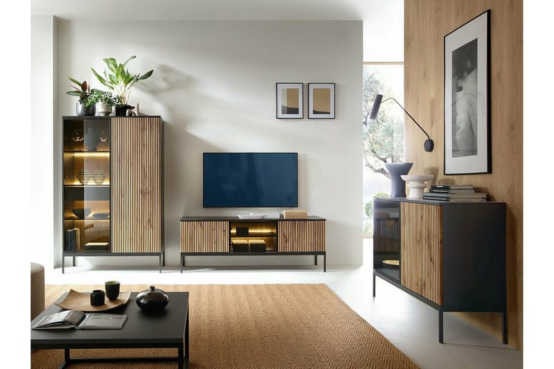 Klinkerville Tv bänk med belysning 39 cm djup 56 cm bred - Svart Trä / Glas / Ribbad - Möbler - Tv möbel & mediamöbel - TV bänk & mediabänk