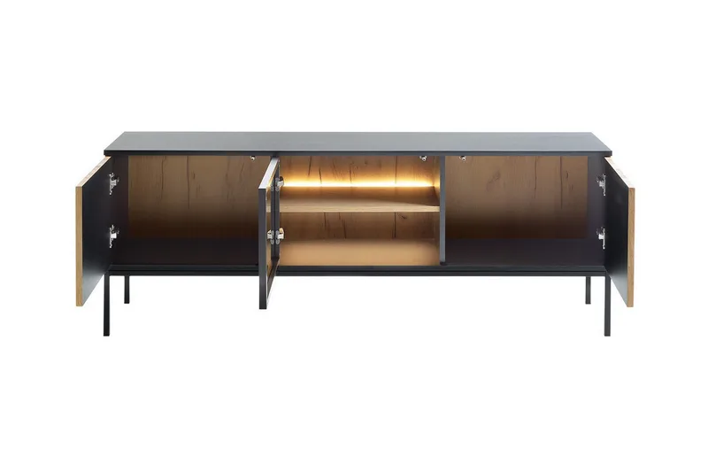 Klinkerville Tv bänk med belysning 39 cm djup 56 cm bred - Svart Trä / Glas / Ribbad - Möbler - Tv möbel & mediamöbel - TV bänk & mediabänk