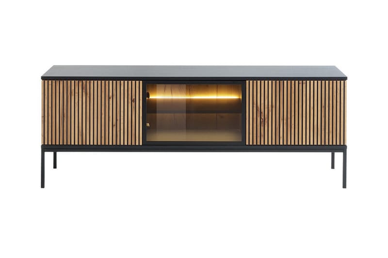 Klinkerville Tv bänk med belysning 39 cm djup 56 cm bred - Svart Trä / Glas / Ribbad - Möbler - Tv möbel & mediamöbel - TV bänk & mediabänk