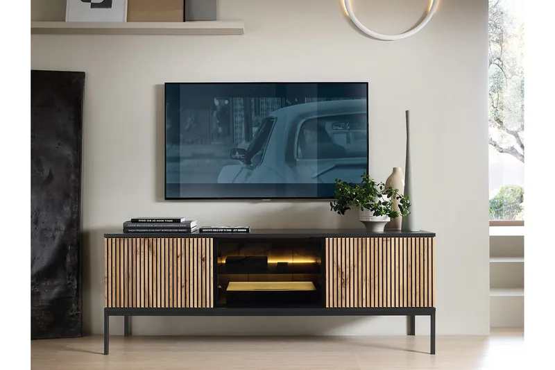 Klinkerville Tv bänk med belysning 39 cm djup 56 cm bred - Svart Trä / Glas / Ribbad - Möbler - Tv möbel & mediamöbel - TV bänk & mediabänk