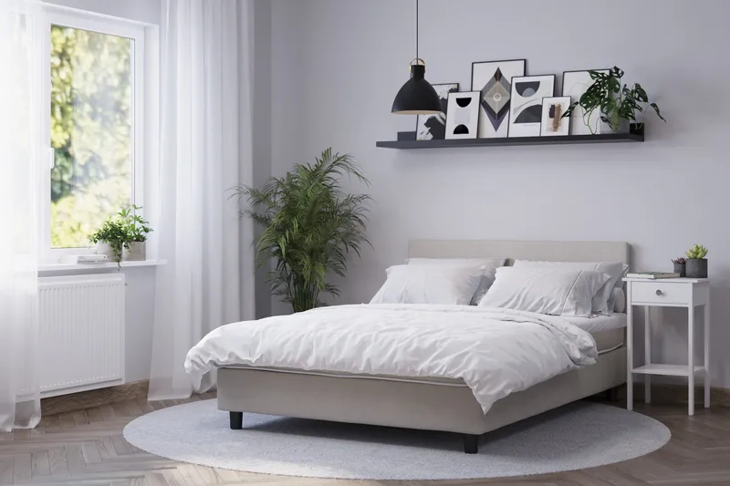 Billingen Komplett Sängpaket – Kontinentalsäng 120x200 cm i Tyg med Sänggavel + Bäddmadrass med Fasthetsgrad Medium - Beige - Möbler - Säng - Enkelsäng