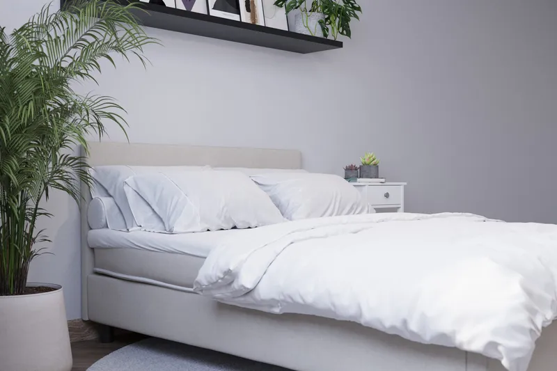Billingen Komplett Sängpaket – Kontinentalsäng 120x200 cm i Tyg med Sänggavel + Bäddmadrass med Fasthetsgrad Medium - Beige - Möbler - Säng - Enkelsäng