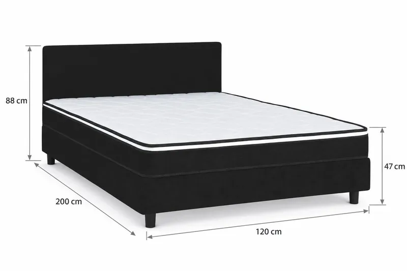 Billingen Komplett Sängpaket – Kontinentalsäng 120x200 cm i Tyg med Sänggavel + Bäddmadrass med Fasthetsgrad Medium - Svart - Möbler - Säng - Enkelsäng