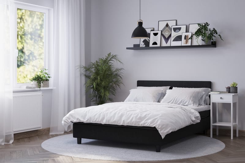 Billingen Komplett Sängpaket – Kontinentalsäng 160x200 cm i Tyg med Sänggavel + Bäddmadrass med Fasthetsgrad Medium - Svart - Möbler - Säng - Enkelsäng