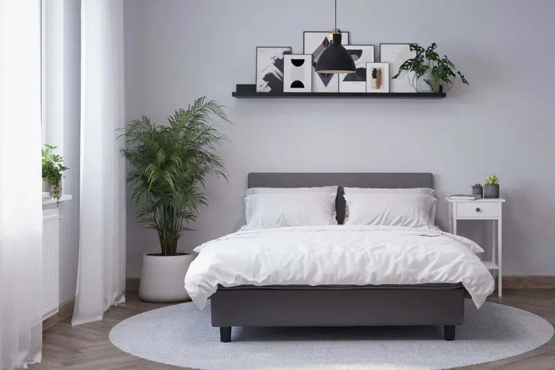 Billingen Komplett Sängpaket – Kontinentalsäng 90x200 cm i Tyg med Sänggavel + Bäddmadrass med Fasthetsgrad Medium - Grå - Möbler - Säng - Kontinentalsäng