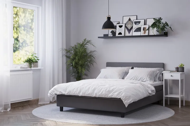 Billingen Komplett Sängpaket – Kontinentalsäng 90x200 cm i Tyg med Sänggavel + Bäddmadrass med Fasthetsgrad Medium - Grå - Möbler - Säng - Kontinentalsäng