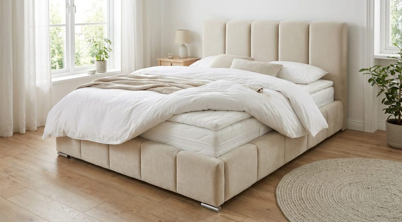 Cleaton Sängram 160x200 cm med Förvaring HVILA Pocketresårmadrass och Bäddmadrass i Latex med Tvättbar klädsel - Beige/Vit - Möbler - Säng - Komplett sängpaket
