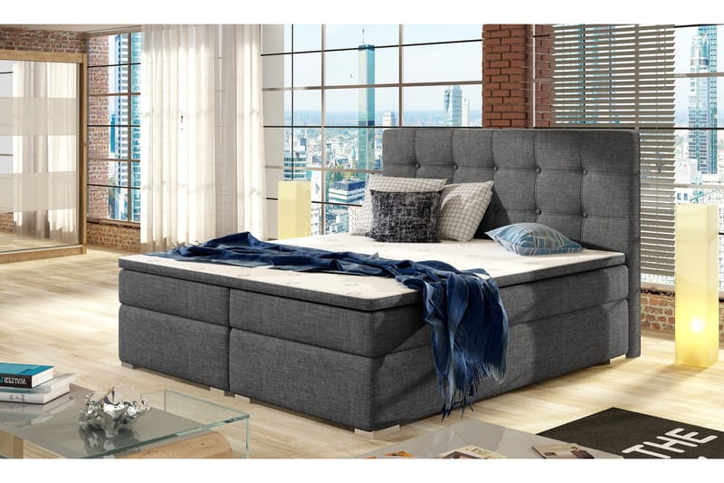 Esteiro Komplett Sängpaket – Dubbelsäng 180x200 cm i Tyg med Sänggavel + Bäddmadrass, Grå