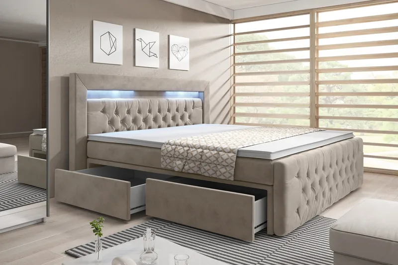 Franco Komplett Sängpaket med förvaring LED-belysning 180x200 cm + 2st Franco Sängbord - Beige / Sammet - Möbler - Säng - Kontinentalsäng