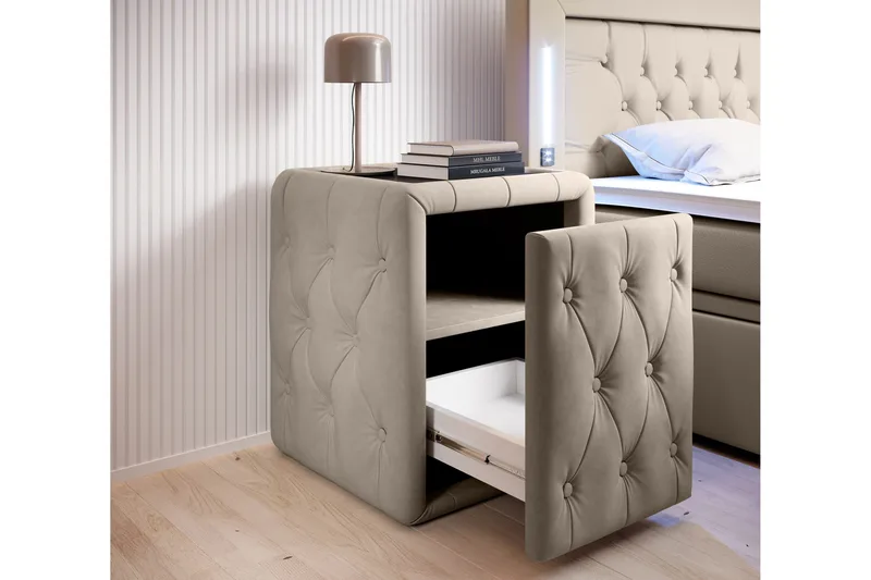 Franco Komplett Sängpaket med förvaring LED-belysning 180x200 cm + 2st Franco Sängbord - Beige / Sammet - Möbler - Säng - Kontinentalsäng