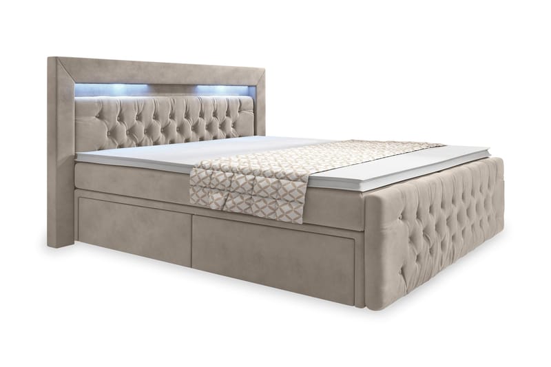 Franco Komplett Sängpaket med förvaring LED-belysning 180x200 cm + 2st Franco Sängbord - Beige / Sammet - Möbler - Säng - Kontinentalsäng