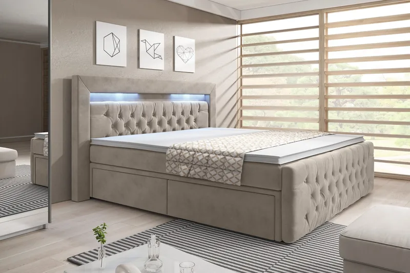 Franco Komplett Sängpaket med förvaring LED-belysning 180x200 cm + 2st Franco Sängbord - Beige / Sammet - Möbler - Säng - Kontinentalsäng