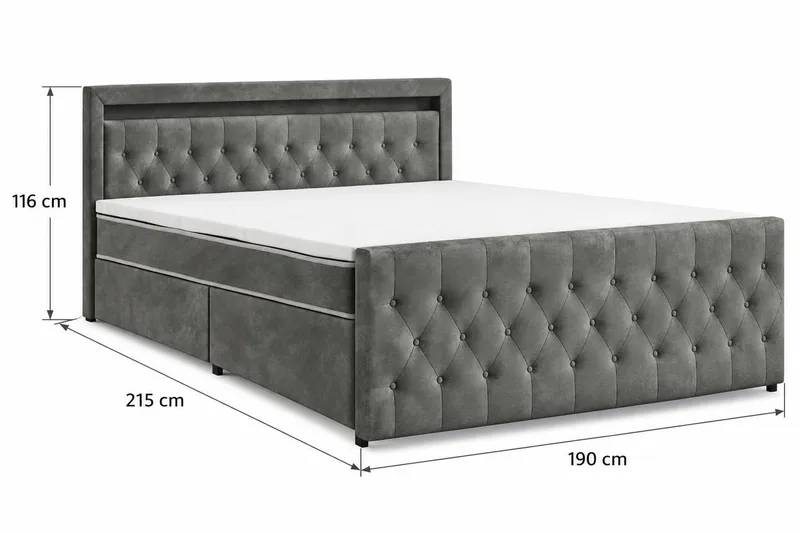 Franco light Komplett Sängpaket med förvaring LED-belysning 180x200 cm - Grå - Möbler - Säng - Komplett sängpaket