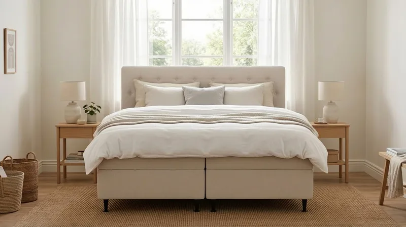 HVILA Plus Komplett Sängpaket – Kontinentalsäng 180x200 cm i Tyg med Förvaring, Sänggavel + Bäddmadrass - Ljusbeige - Möbler - Säng - Komplett sängpaket