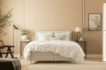 HVILA Premium Komplett Sängpaket 160x200 cm Kontinentalsäng med Sänggavel - Ljusbeige Bouclé - Möbler - Säng - Komplett sängpaket