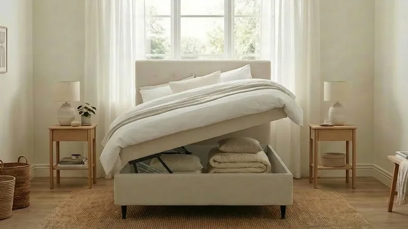 HVILA Plus Komplett Sängpaket – Kontinentalsäng 140x200 cm i Tyg med Förvaring, Sänggavel + Bäddmadrass med Fasthetsgrad Mediumfast - Ljusbeige - Möbler - Säng - Komplett sängpaket