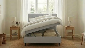 HVILA Plus Komplett Sängpaket – Kontinentalsäng 120x200 cm i Tyg med Förvaring, Sänggavel + Bäddmadrass med Fasthetsgrad Mediumfast - Grå - Möbler - Säng - Kontinentalsäng