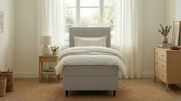 HVILA Plus Komplett Sängpaket – Kontinentalsäng 90x200 cm i Tyg med Förvaring, Sänggavel + Bäddmadrass med Fasthetsgrad Mediumfast - Grå - Möbler - Säng - Komplett sängpaket