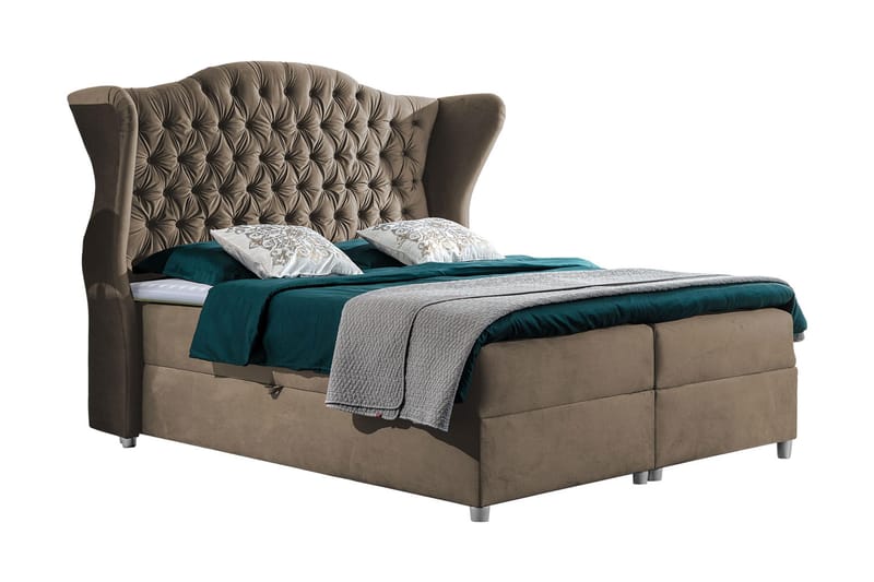 Komplett Sängpaket – Kontinentalsäng 120x200 cm i Tyg med Förvaring och Sänggavel + Bäddmadrass med Fasthetsgrad Medium, Brun