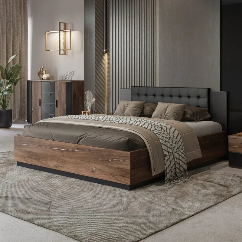 Säng Sigma med ram på gaslyft och förvaringslåda - 160 cm, Mörk Flagstaff Ek med Kopparfärgad Ornament - Möbler - Säng - Sängram & sängstomme