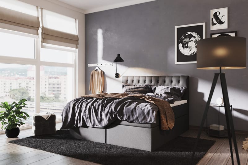 Boxy Säng med Förvaring 160x200 cm i Tyg med Bäddmadrass med Fasthetsgrad Fast - Svart - Möbler - Säng - Sängar med förvaring