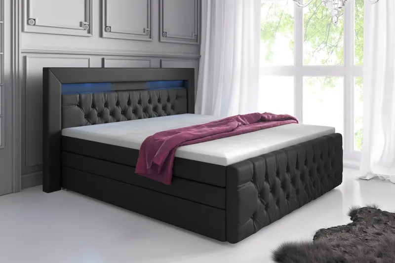Franco Lyx Sängpaket 180x200LED-belysning, Svart/Konstläder