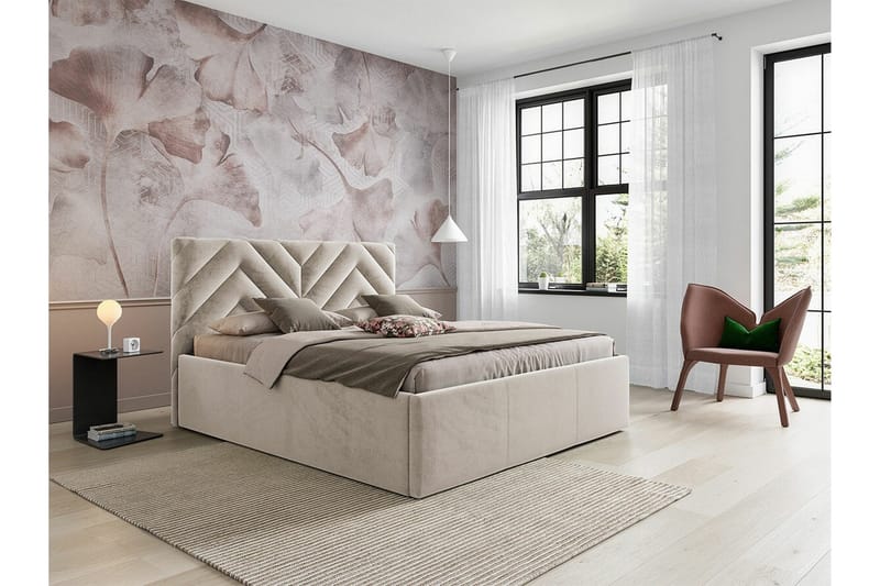 Derry Sängram med Förvaring 160x200 cm i Sammet med Sänggavel - Beige - Möbler - Säng - Sängram & sängstomme