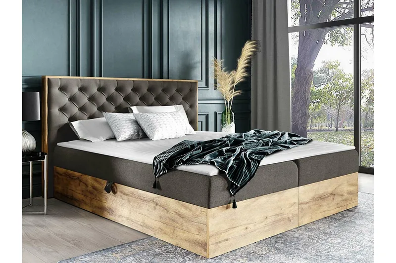Oberting Komplett Sängpaket med Förvaring 200x200 cm i Tyg med Sänggavel + Bäddmadrass - Brun - Möbler - Säng - Sängram & sängstomme