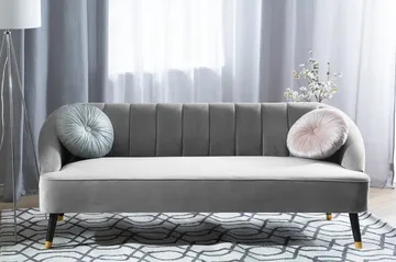 Alsvag 3-sits Kanalstoppad Sammetssoffa med Träben - Grå - Möbler - Soffa - 3 sits soffa