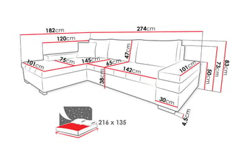 3-sits Vänster L-formad Bäddsoffa med Divan och Förvaring i Tyg - Svart - Möbler - Soffa - Bäddsoffa