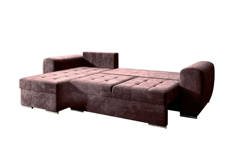 3-sits Vänster L-formad Knappsydd Bäddsoffa med Divan och Förvaring i Plysch - Lila - Möbler - Soffa - Bäddsoffa